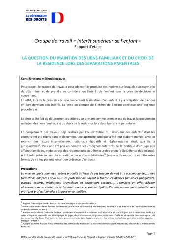 Groupe de travail « Intérêt supérieur de l'enfant » - Le Défenseur ...