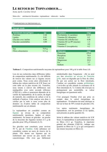 LE RETOUR DU TOPINAMBOUR - Haute école de santé Genève