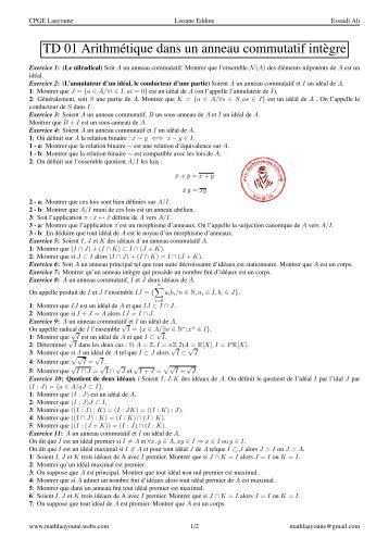 TD 01 Arithmétique dans un anneau commutatif intègre - Webs