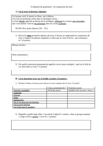 Evaluation de grammaire : les expansions du nom - La Charente ...