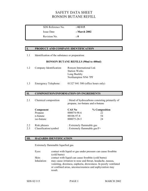 Safety Data Sheet Ronson Butane Refill Mar02
