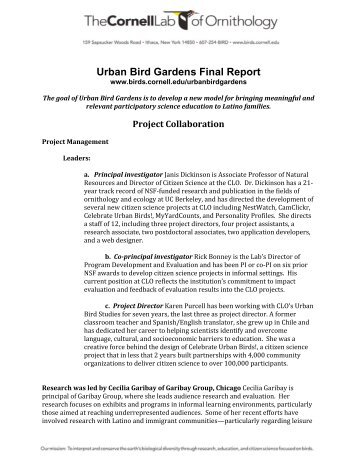 Urban Bird Gardens Final Report - Cornell Lab of Ornithology ...