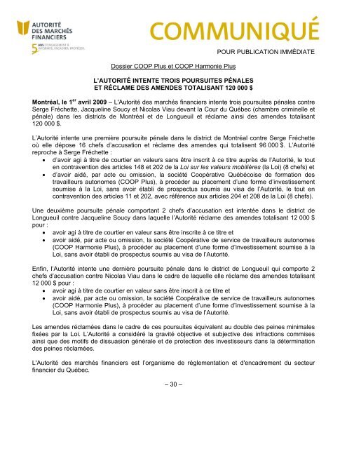 POUR PUBLICATION IMMDIATE - Autorité des marchés financiers