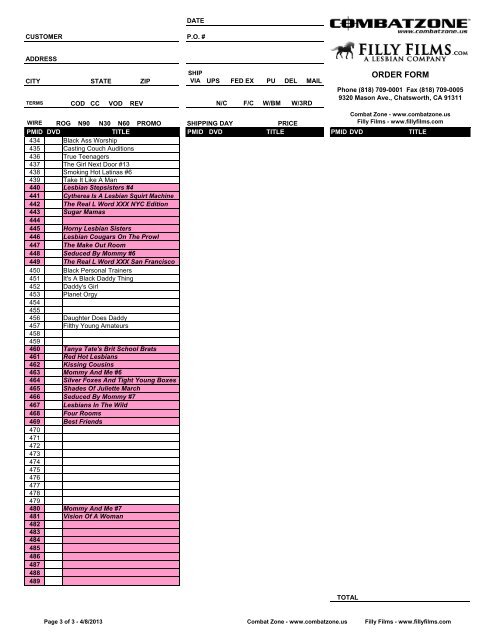 Distributors Order Form - Combat Zone And Filly Films