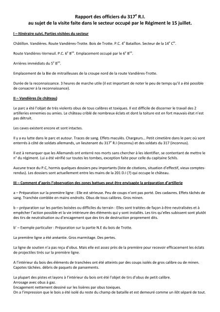 Rapport des officiers du 317 R.I. au sujet de la visite faite dans le ...