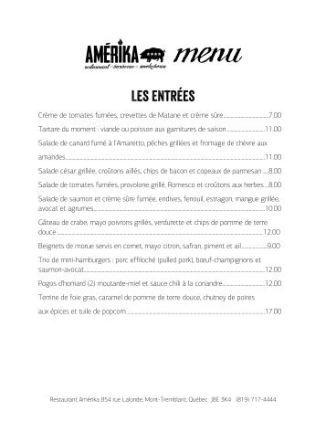 Les Entrées - Restaurant Amerika Mont Tremblant Qc Canada