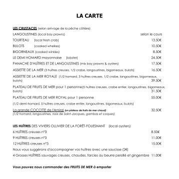 LA CARTE - Restaurant L'Amiral à Concarneau