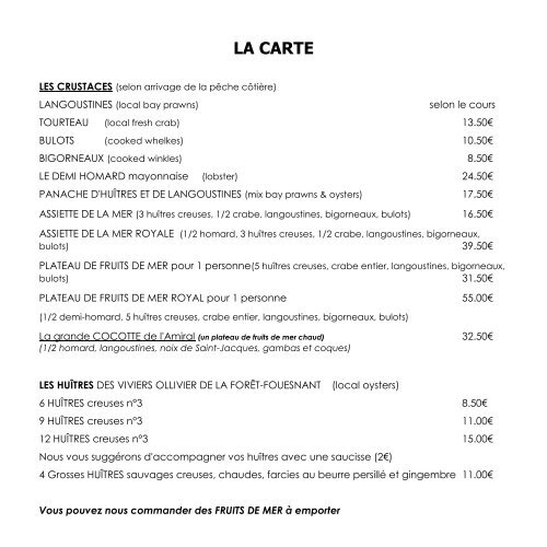 LA CARTE - Restaurant L'Amiral à Concarneau