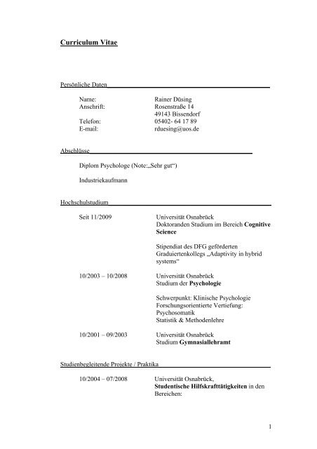 Lebenslauf Rainer Jan 2009 - Cognitive Science - Universität ...