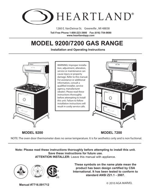 MODEL 9200/7200 GAS RANGE - Heartland Appliances