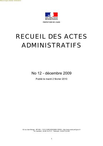 _cueil des Actes Administratifs - Préfecture de l'Aude