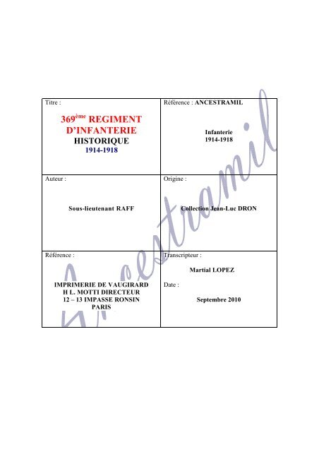 369 REGIMENT D'INFANTERIE - Ancestramil