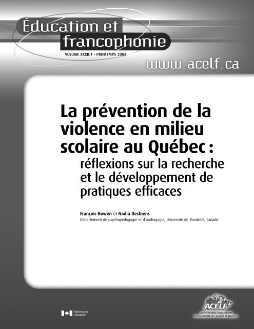 La prévention de la violence en milieu scolaire au Québec : - acelf