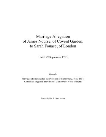 Marriage Allegation of James Nourse and Sarah Fouace
