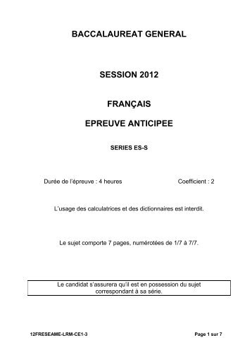 Sujet du bac ES - Francais 2012 - Métropole Rattrapage - Sujet de bac