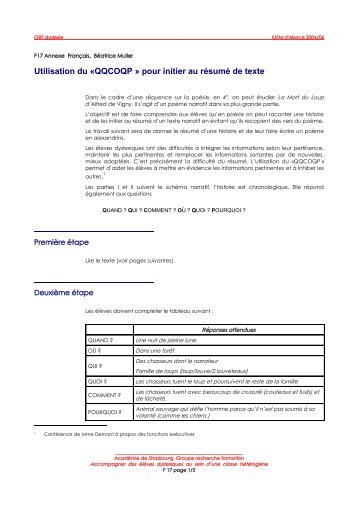 Utilisation du «QQCOQP » pour initier au résumé de ... - IUFM d'Alsace