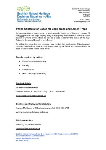 Police Contacts for Codes for Cage Traps and Larsen Traps