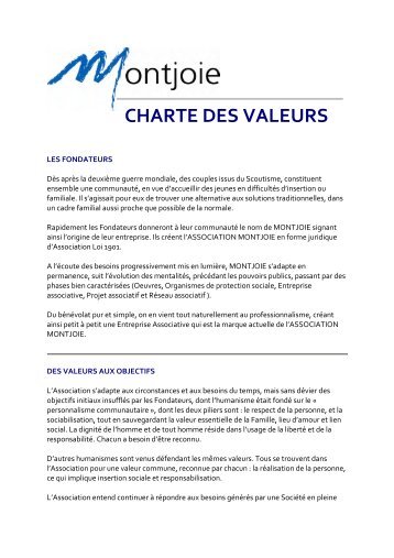 CHARTE DES VALEURS - Association MONTJOIE