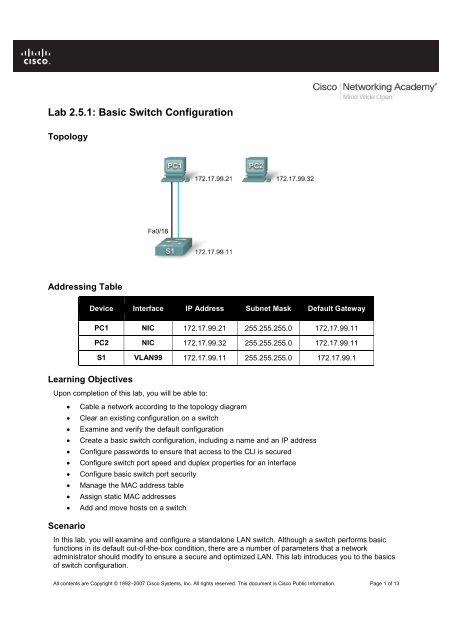 Lab 2.5.1: Basic Switch Configuration