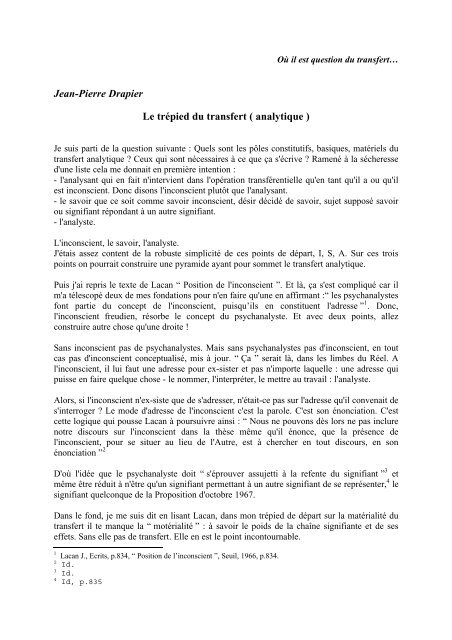Jean-Pierre Drapier Le trépied du transfert ( analytique )