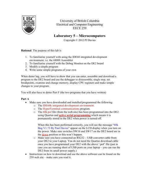 Lab Line 259 EECE 259 - Lab 5 - Using The Assembler and Debug Monitor.pdf