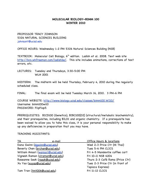 MOLECULAR BIOLOGY—BIMM 100 WINTER 2010 ... - Courses MOLECULAR BIOLOGY—BIMM 100 WINTER 2010 ... - Courses