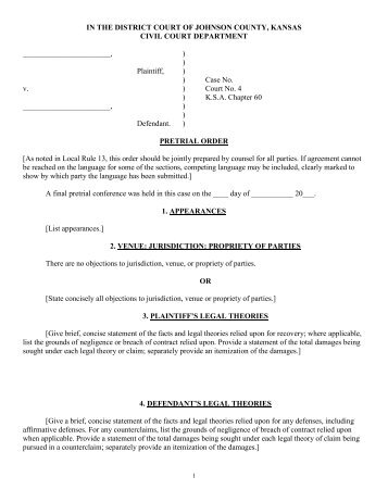 Pretrial Order - Johnson County District Court