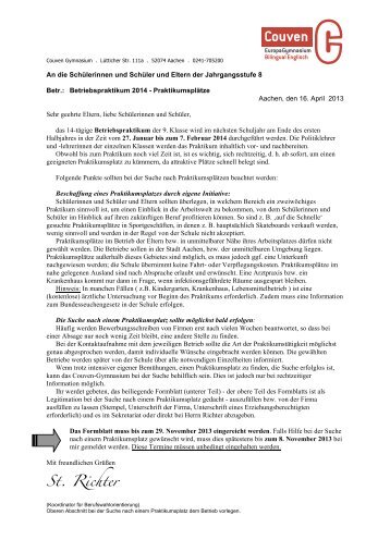 Infobrief zum Berufspraktikum der Jgst. 8 2014 - Couven ...