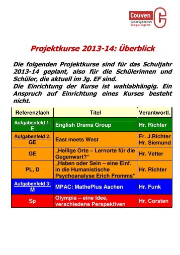 Projektkurse 2013-14 Übersicht - Couven-Gymnasium Aachen
