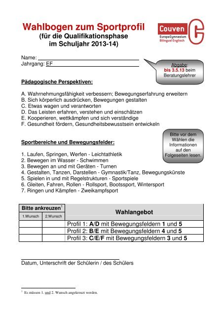 Wahlbogen Sportprofil _2013-14_ - Couven-Gymnasium Aachen