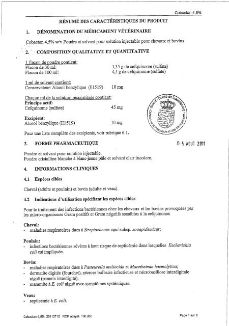 Cobactan 4,5% pdre et solv. p. sol. inj. Chevaux Bovins