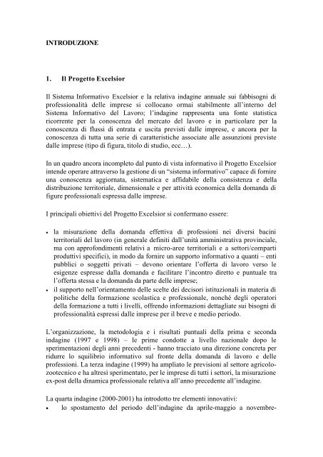 INTRODUZIONE 1. Il Progetto Excelsior Il Sistema Informativo ...