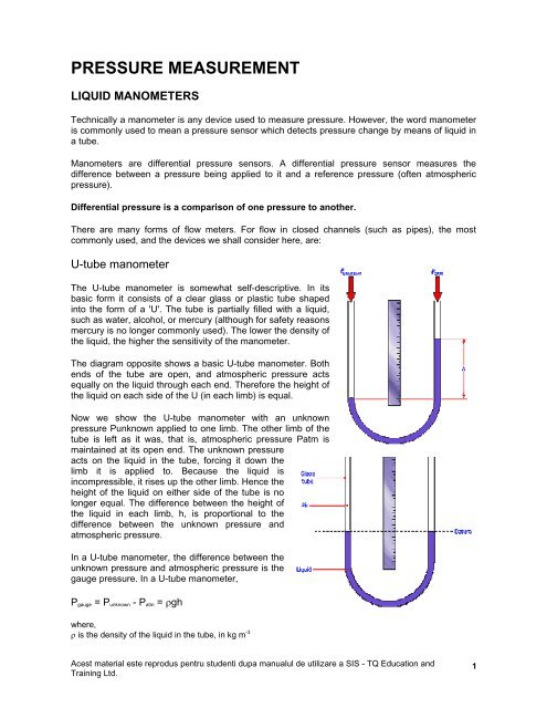 Pressure measurement instruments - U-tube Manometer, Mercury Barometer &  Aneroid Barometer