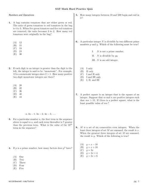 Sat Math Hard Practice Quiz Numbers And Operations 1. A Bag ...