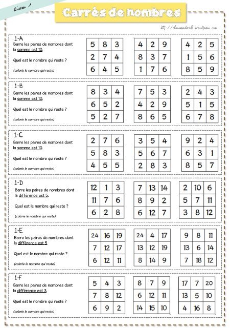 calcul mental -des jeux carrés- de nombres - classeurdecole