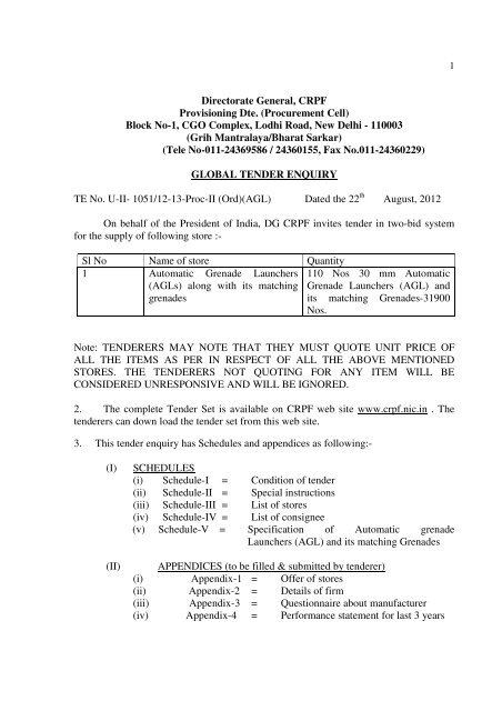 Directorate General CRPF Provisioning Dte. Procurement Cell