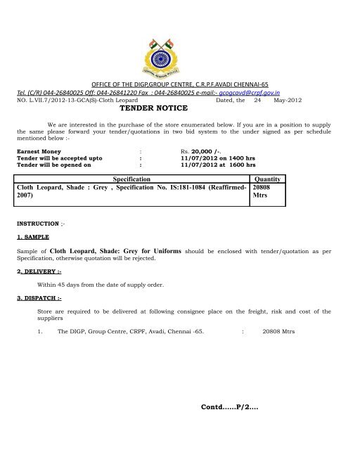 Tender for purchase of Cloth Leopard, Shade : Grey, GC CRPF, Avadi