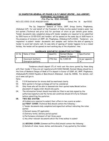 Tender for purchase of Haversack Synthetic, GC CRPF, Allahabad