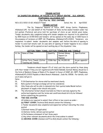 Tender for purchase of Cotton Terry Towel, GC CRPF, Ald - Central ...