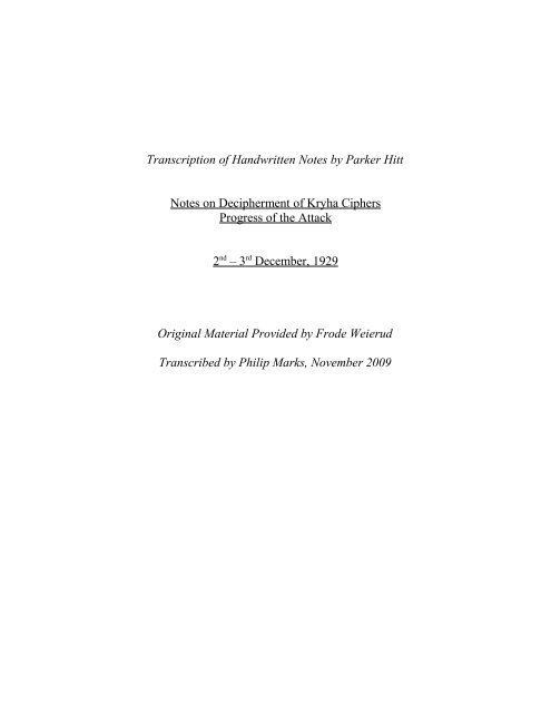 Notes on Decipherment of Kryha Ciphers - Frode Weierud's ...