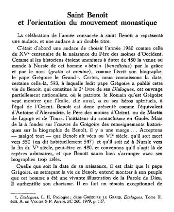 Saint Benoît et l'orientation du mouvement monastique