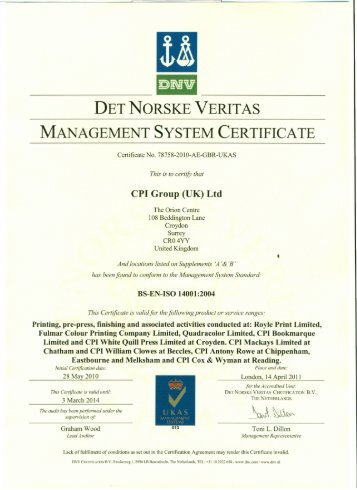 ISO 14001 certificate for all CPI UK sites