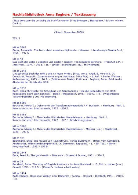 Nachlassbibliothek Anna Seghers Textfassung
