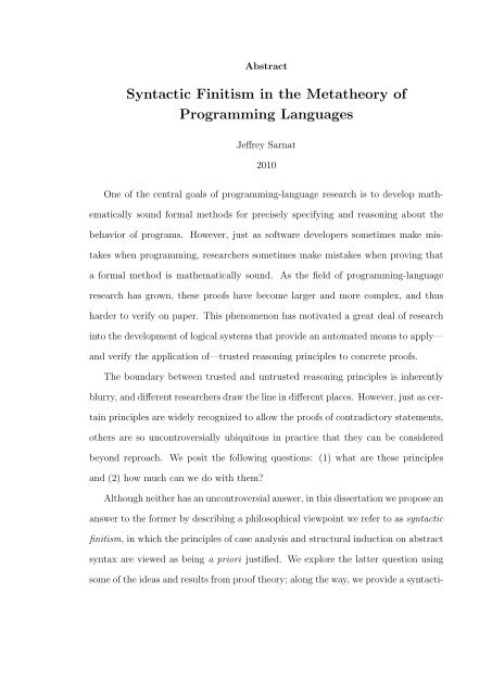 Syntactic Finitism in the Metatheory of ... - Yale University