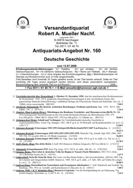 Antiquariats Angebot Nr 160 Deutsche Geschichte Antikbuch24