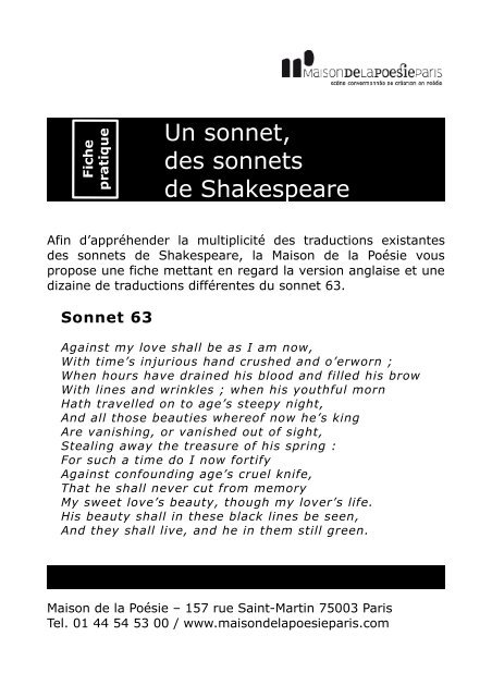 Un sonnet, des sonnets de Shakespeare - Maison de la Poésie