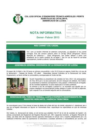 nota informativa - Col·legi Oficial d'Enginyers Tècnics Agrícoles de ...