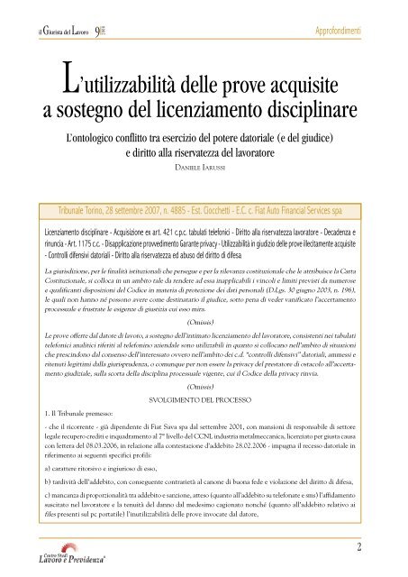 00 - Copertina n. 9-2008.indd - Centro Studi Lavoro e Previdenza