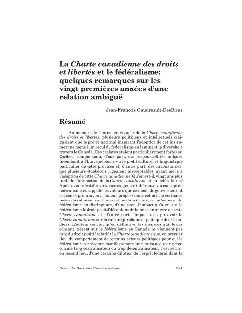 La Charte canadienne des droits et libertés et le fédéralisme ...