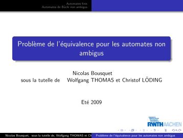 Problème de l'équivalence pour les automates non ambigus - Lirmm
